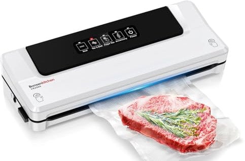Bonsenkitchen Vakuumiergerät, Vakuumierer für kontinuierliches Arbeiten mit hoher Geschwindigkeit, Folienschweißgerät für Lebensmittel, inkl. 40 Vakuumier-Beutel und Schlauch (Weiß)
