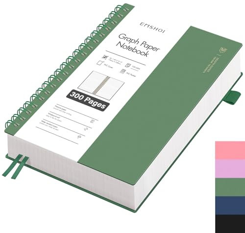 EMSHOI Notizbuch B5 Kariert, Spiral Notizblock mit 300 Seiten / 150 Blatt, 100gsm Kariert Papier zum Schreiben, PVC Hardcover, für Schule, Arbeit, Zeichnen, Reisetagebuch, 19 x 25 cm -Tintengrün