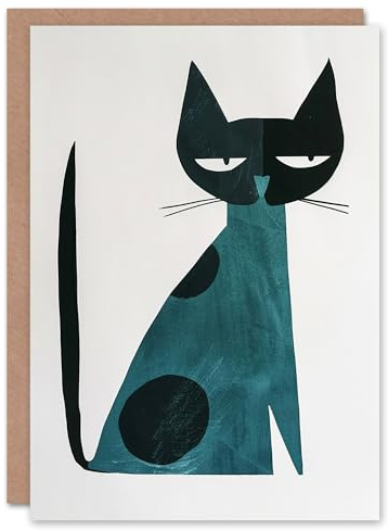 Artery8 Cat Lover Teal Mid Century Modern Geometric Pet Blank For Him Or Her Art Birthday Card