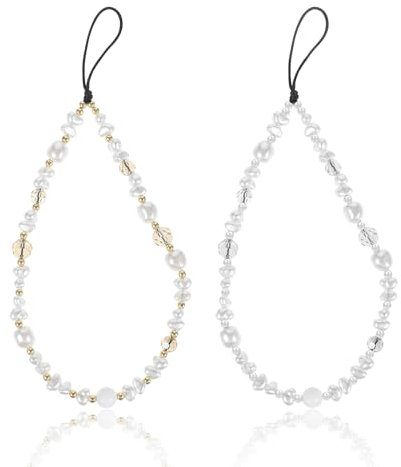 LLOUSSAK 2Pcs Beaded Camera Wrist Strap, Cute Phone Charm Pearl Beaded Phone Lanyard Jewelry earl Bracelet Wrist Strap for Wallet, Phone Strap Wrist Pearl