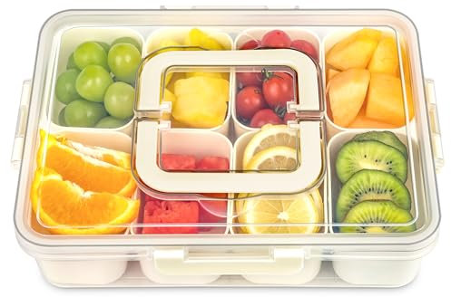 KOMABLEN Snackbox mit 8 Fächern, Snackteller aus PP Spülmaschinenfest, Snackschale mit Deckel und Griff, Tragbar Snackbox Organizer für Süßigkeiten Obst Keksen Dessert Gemüse Nüsse