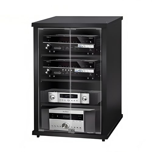 YQMHEZ Boden-Audio Rack HiFi Regal, Phonoschrank mit 4 Ebenen, Audio-Rack-Turm for Entertainment-Stereokomponenten, Record Player Stand mit gehärteter Glastür, for Ecken und kleine Räume(Nero,24x21.6