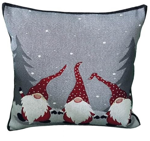 Generisch Kissenhülle Kissenbezug Dekokissen Winter Weihnachten Gobelin 40 x 40 cm grau Wichtel mit Tannenbaum Baumwollmischung