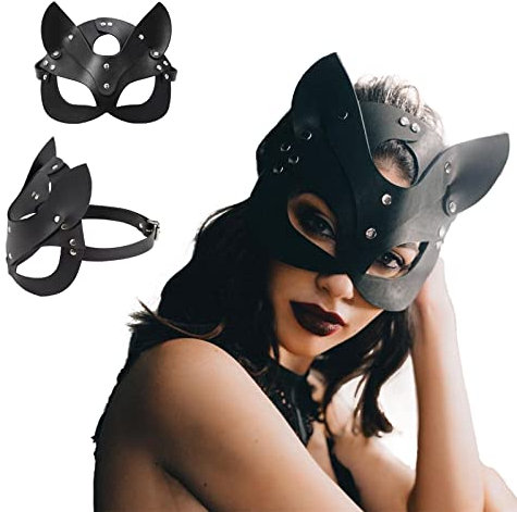 KFLY Catwoman Maske Damen Schwarz PU Leder Katzenmaske Sexy Halbgesicht Augenmaske für Halloween Karneval Fasching Maskerade Cosplay Party