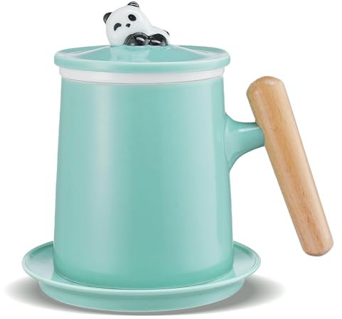 ZENS Tea Cup with Infuser and Panda Lid, 350 ML Wood Handle Tea Mug, Porelain Strainers for Loose Leaf Tea Diffusers, Tea Lovers Gifts, Collector's Mug, Green