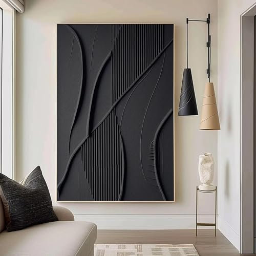YUSUZHU Grande peinture murale minimaliste noire avec texture 3D noire, images sur toile, peinture abstraite simple pour décoration de salon, 80 x 120 cm, sans cadre