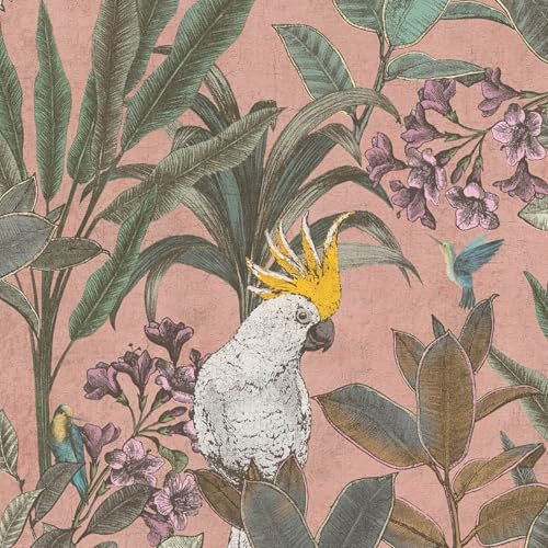 Carta da parati con uccelli Profhome 397481-GU Carta da parati TNT goffrata a caldo leggermente strutturata con design giungla opaca rosa verde viola giallo 5,33 m2