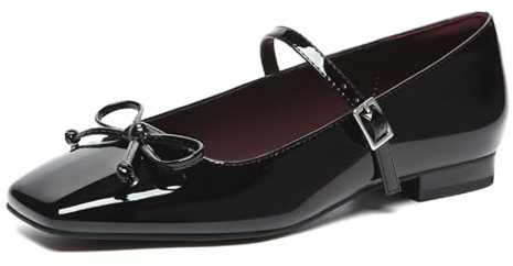 Athlefit Women's Mary Jane Flats Dressy Comfortable Square Toe Slip On Black Ballet Flats Shoes with Buckle Strap Size 9