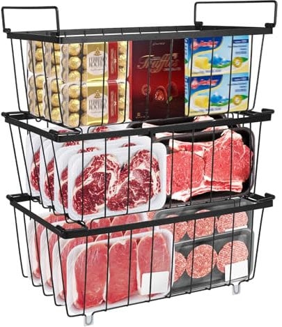 UHAPEER Freezer Organizer: 3-Pack Stackable Chest Freezer Basket with Handles - 2.8mm Metal Wire, Anti-Slip Bottom & Quick Freezer Foods & Meats for 5-7 Cu.Ft Refrigerator&Home&Kitchen (37x18x14.5cm)
