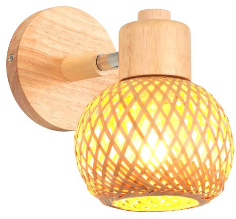 iDEGU Wandleuchte Innen E27 Wandlampe aus Holz Retro Lampenschirm aus Bambus Bohème-Stil Nachttischlampe Verstellbare Wandspot Rattan Lampe für Schlafzimmer Wohnzimmer Flur Esszimmer (13cm)