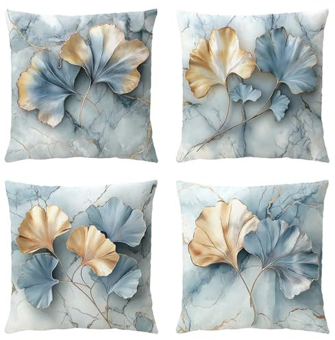 OYIMUA Leinen Kissenbezug 50x50 4er Set Blau Gold Ginkgo Dekokissen Quadratisch Sofakissen Outdoor Kissen
