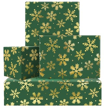 Weihnachts-Geschenkpapier für Damen und Herren, 4 Bögen, dunkelgrün, Weihnachts-Geschenkpapier, bedruckt mit Goldfolie, Schneeflocken-Geschenkpapier, flach gefaltet, für Geburtstagsgeschenk, Party