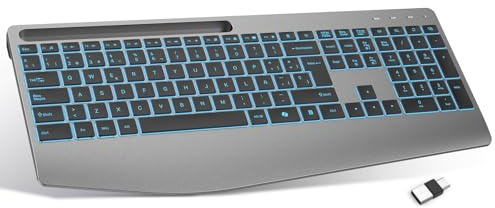 TECURS Teclado Inalámbrico Ergonómico con Reposamuñecas y Soporte para Móvil, 2.4G Teclado Silencioso Recargable, Retroiluminación, Teclado Español QWERTY para Windows 11/10/8/7/Vista/XP/PC/Laptop
