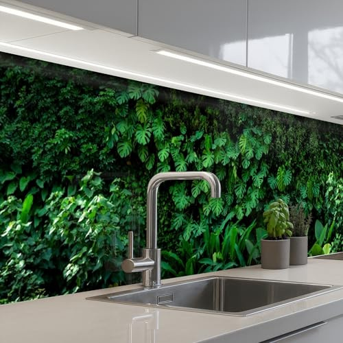 KitchenYeah© Küchenrückwand Selbstklebende Kitchen Wall Protector Küchen | 60x300 cm - Rückenwand Küchenfronten Küchenrückwände Küche Wand Natur - Wald - Grün - Monstera