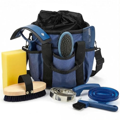 Cunhill 9 Pcs Horse Grooming Kit Tack Room Supplies Set with Tote Bag, Oval Massage Curry, Hard and Soft Brush, Hoof Pick, Sweat Scraper, Bathing Sponge, Comb for Horse Rider(Classic,Dark Blue)