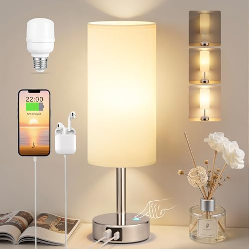 PreeOtti Nachttischlampe Touch Dimmbar, Tischlampe mit USB A+C Ladefunktion, Weiße Lampenschirm aus Leinenstoff, Touch Lampe für Nachttisch Wohnzimmer Schlafzimmer Kinderzimmer Büro(Inklusive Birne)