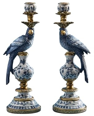 WERNS Design Kerzenhalter Papagei Blau-Weiß-Gold – Statement Kerzenleuchter, 2er-Set, Deko, handbemalt, 39,5x14x13 cm (H/B/T)
