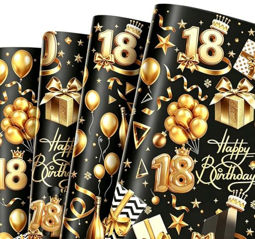 5 Stück Geschenkpapier Geburtstag Schwarz Gold für Mädchen Junge,70x50cm Birthday Gift Wrapping Paper, Geschenkpapier 18. Geburtstag mit 5M Geschenkband für 18.Geburtstage Party Geschenk Deko