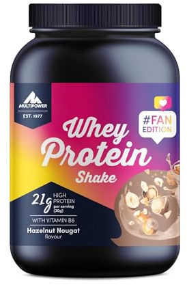 Multipower Whey Protein Shake – wasserlösliches Proteinpulver mit Haselnuss Nougat Geschmack aus Wheykonzentrat und -Isolat – 21 g Protein und Vitamin B6 – 700 g