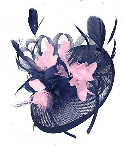 Caprilite Navy Blue and Baby Pink Sinamay Disc Saucer Fascinator Hat for Women Weddings Headband