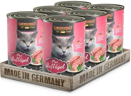 LEONARDO Nassfutter für Katzen, Geflügel pur, 6X 400g Dose, Katzenfutter getreidefrei, Alleinfutter, Made in Germany