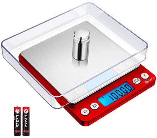Brifit Taschenwaage 0,01g, Feinwaage 500g/0,01g Digitalwaage, Briefwaage, Grammwaage, mit EIN 100g Edelstahl Kalibriergewicht, PCS Funktion, Tara-Funktion, 6 Einheiten Konvertierung, Auto-Off (Rot)