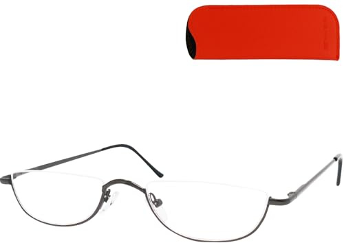 Halb Rund Lesebrille – Halbrandbrille Unisex für Damen und Herren, mit Etui | Offener oberer Glasrand, halbrunde Unterrandform in Halbmondform, 48 x 24 mm Gläser und transparente Nasenpads