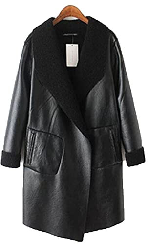 Long Leather Jacket Women Winter Autumn Faux PU Leather Fur Collar Trench Coat Lady Black Double Sides Plus Size Black XXL