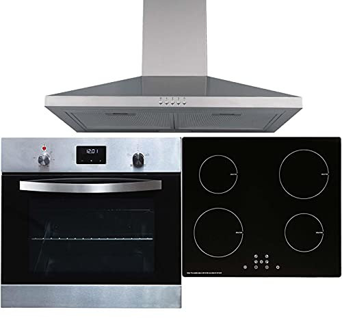 SIA SO114SS 60cm Stainless Steel Digital Single Fan Oven, INDH60BL 4 Zone Touch Control Induction Hob & CHL60SS Chimney Cooker Hood