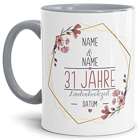 Tassendruck Tasse Lindenhochzeit - Personalisiert, Geschenk Hochzeit | Innen & Henkel Grau, mit Name & Datum selbst gestalten, 31 Jahre Ehe, Paar, Jubiläum, Keramik, 300 ml