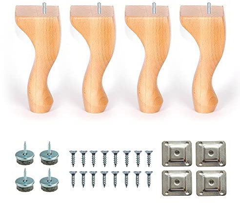 Britwood 7'' Queen Anne Wooden Furniture Replacement Legs Clear Lacquer M8 Thread With Level Mounting Plates Protective Felt Pads Set Of 4 Replacement Legs For Sofa Cabinet Footstool Chair Ottoman