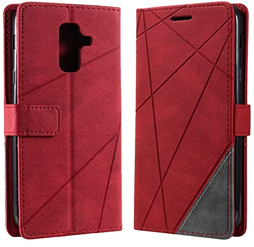 Vankii Kompatibel mit Samsung Galaxy A6 Plus 2018 Hülle, Flip Wallet Handyhülle PU Leder Brieftasche Tasche Case Stoßfeste Schutzhülle [Kartenschlitzen] [Magnetverschluss] [Standfunktion] (Rot)
