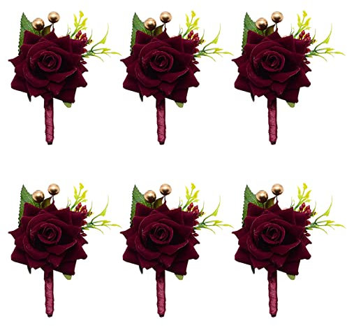 CRASPIRE 6PCS Wedding Boutonniere Wine Red Rose Corsage Buttonhole Flower Groom Groomsman Best Man Wedding Flowers Accessories for Groom Groomsmen Prom