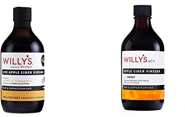 Willy's ACV Organic Live Probiotic Apple Cider Vinegar, Honey & Black Pepper (1 x 500ml), white & WILLY'S, Raw Apple Cider Vinegar with Real Live Mother & Honey Glass Bottle, 500 ml