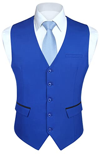 HISDERN Gilet Costume Homme Bleu Gilets sans Manche Mariage Business Gilet Classique Couleur unie avec Poches 4XL