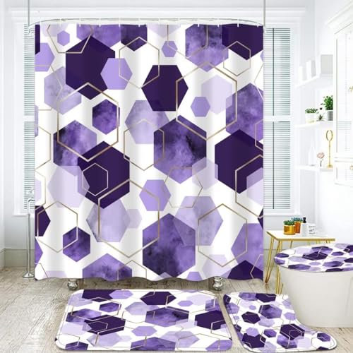 LQCOOL Lot de 4 rideaux de douche à motif géométrique en marbre violet avec 12 crochets, tapis de bain et tapis de toilette