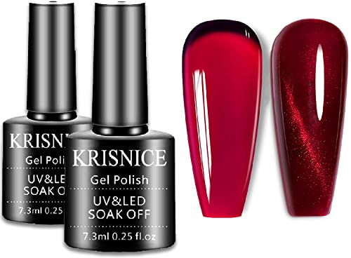 KRISNICE Jelly Gel Polish Set - Translucent Red & Burgundy Shades with Red Cat Eye Polish Long-Lasting UV/LED Soak Off DIY Home Manicure Kit Best Gift for Women(KCS2-004)