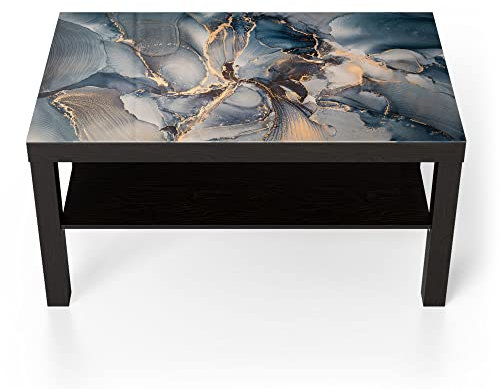 DEQORI Glastisch | schwarz groß 90x50 cm | Motiv Marmor-Farbspiel mit Gold | ausgefallener Beistelltisch aus Glas | Hochglanz Couchtisch fürs Wohnzimmer | moderner Couch Tisch mit Design