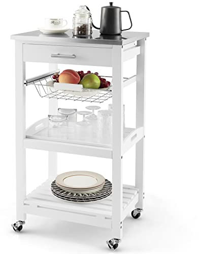 GOPLUS Isla de Cocina con Ruedas, Carrito de Almacenamiento Rodante con Encimera de Acero Inoxidable, Cesta de Alambre Metálico Deslizable, Bandeja para Servir, para Cocina y Comedor (Blanco)