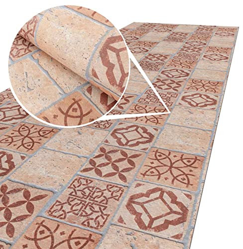 ANRO Küchenläufer Teppich Läufer Küchenteppich Flur Läufer Küche rutschfest anpassbar Viele Größen Braune Fliesen 350x65cm