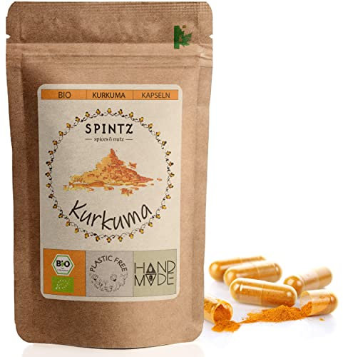 SPINTZ 120 Stk. Bio Kurkuma Kapseln - 620mg Kurkumapulver pro Kapsel - Pulver aus gemahlenem Curcurma, Gelbwurzel - hochdosiert - vegan und 100% natürlich | plastikfrei verpackt