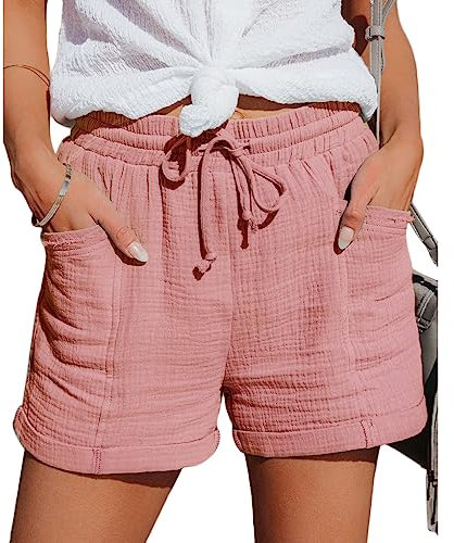 Tomwell Damen Shorts Frühling und Sommer High Waist Plissee Shorts Einfarbig Kurze Hosen Leichte Stretch Hotpants Casual Strandshorts B Rosa XL