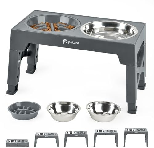 Petace Gamelles Surélevées de 5 Hauteurs Ajustables, Support avec Gamelle Anti-Glouton et Gamelle INOX, Grise