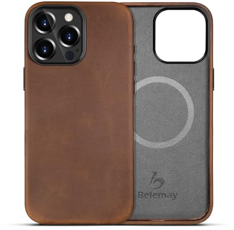 Belemay Compatible with iPhone 15 Pro Max Leather Case Magsafe-Top Grain Vintage Crazy Horse Leather-Metal Buttons Camera Bezel-Slim Fit-Precision Crafted Premium Phone Cover (6.7-inch)-Retro Brown