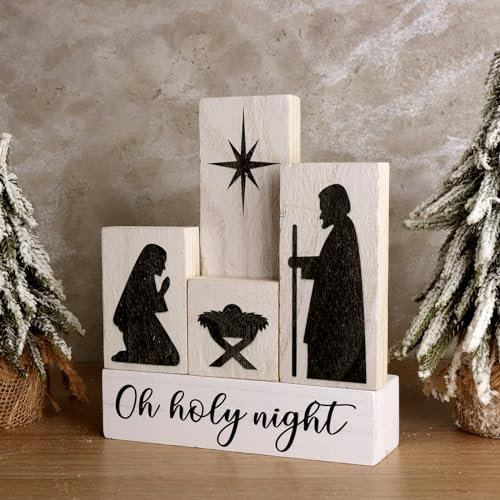 Treory 5-teiliges Block-Krippen-Set, Weihnachtsdekoration für den Innenbereich, schwarze Silhouette, Krippenfiguren auf weißem Block-Set, Heimdekoration für den Innenbereich, Tischplatte