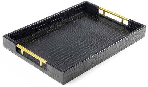 ATZYmolin Vassoio da portata in legno da 43,2 x 30,5 cm, con manici in metallo lucido oro, decorazione per la casa, rettangolare, ottomana, in pelle, per tutte le occasioni, colore: nero coccodrillo