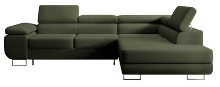 Selsey STEVIL - Ecksofa L-Sofa mit Schlaffunktion, Bettkasten, Ottomane rechts, Veloursbezug Olivgrün