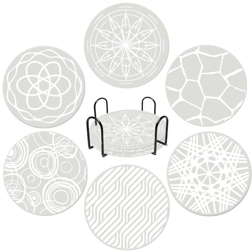 Silicone Coasters with Holder, White Round Drink Coasters Set of 6 Rubber Cup Pad Non-slip Mug Mat Decorative Cup Coasters Heat Resistant for Coffee Table, Kitchen, Office, Bar(White)