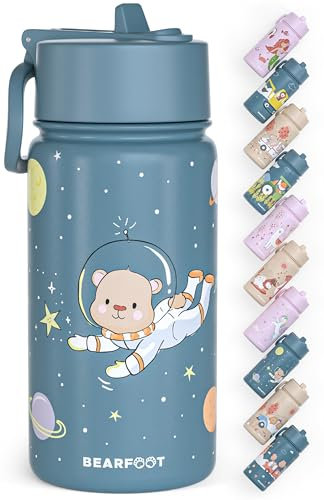 BEARFOOT Trinkflasche Kinder Edelstahl mit Strohhalm - Thermosflasche 400ml - BPA frei - auslaufsicher - Kleinkinder, Mädchen & Jungen Wasserflasche für Schule, Kindergarten (Blau - Astronaut Bär)
