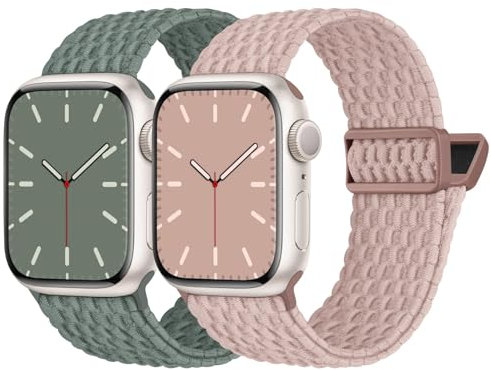 Nimblistic Kompatibel mit Apple Watch Armband Geflochten 42mm 41mm 40mm 38mm, Elastisches Nylon Stoff Band mit Magnetverschluss für Apple Watch 10 9 8 7 6 5 4 3 2 1 SE, Sand Rosa/Altgrün
